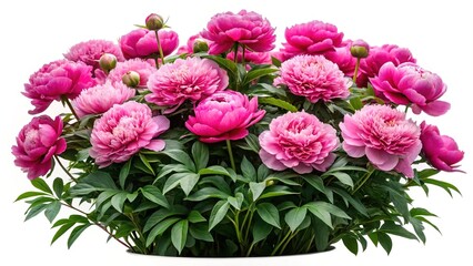 Fototapeta premium Abundance of Beautiful Pink Peonies with Green Leaves and a White Background