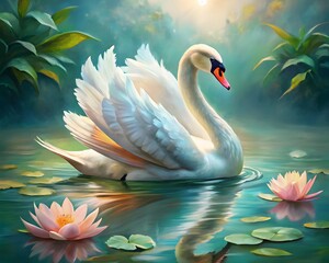 Fototapeta premium Serene swan in a lotus pond painting