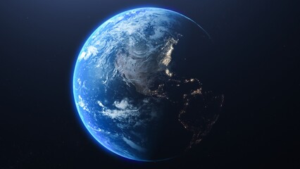 A view of earth from space showing north america with city lights at night