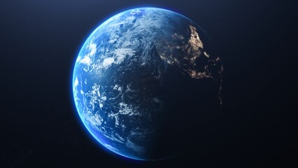 Earth from space showing continents oceans and city lights on the dark side