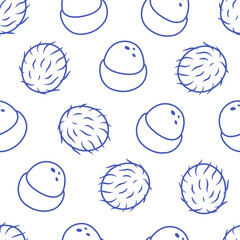Seamless pattern with cute outline rambutan. Doodle fruits print for banner, wallpaper, textile, wrapping paper, background, cards. Vector illustration in flat style