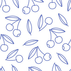 Seamless pattern with cute outline cherries. Doodle fruits print for banner, wallpaper, textile, wrapping paper, background, cards. Vector illustration in flat style