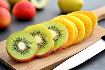 Sliced kiwi fruit and mango on a wooden board with knife for healthy eating and fresh fruit salad ideas