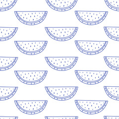 Seamless pattern with cute outline watermelon slices. Doodle fruits print for banner, wallpaper, textile, wrapping paper, background, cards. Vector illustration in flat style