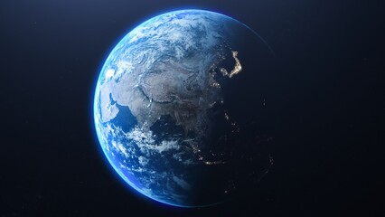 A view of earth from space showing asia and the pacific ocean at night time