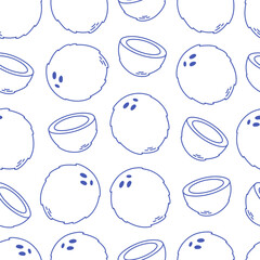 Seamless pattern with cute outline coconut. Doodle fruits print for banner, wallpaper, textile, wrapping paper, background, cards. Vector illustration in flat style