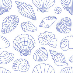 Seamless pattern with cute outline sea shells. Doodle print for banner, wallpaper, textile, wrapping paper, background, cards. Vector illustration in flat style