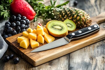 Fresh fruit salad preparation with pineapple kiwi mango grapes on wooden cutting board and knife