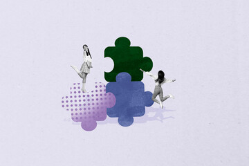 Collage of young business people standing by colorful puzzle pieces symbolizing solution teamwork...
