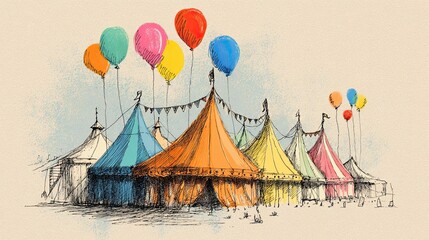 Obraz premium Colorful tents with balloons in a festive atmosphere, showcasing a vibrant outdoor event, filled with joy and excitement, perfect for celebrations and gatherings