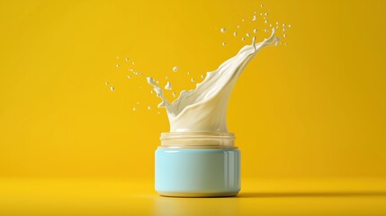 A burst of fresh, white liquid erupts from a pastel blue jar against a vibrant yellow backdrop, capturing a moment of pure refreshment