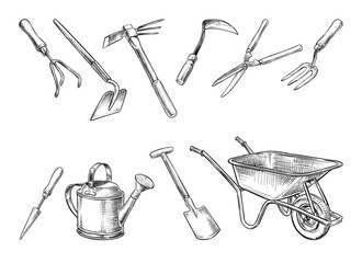 garden tools vector line art hand drawn illustration set collection