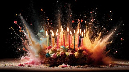 A birthday cake erupts in a joyous explosion of color and sweetness, capturing the exhilarating spirit of celebration