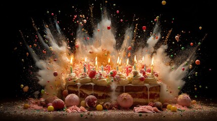 A birthday cake erupts in a joyous explosion of color and sweetness, capturing the exhilarating spirit of celebration