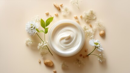 A jar of swirling white cream is artfully arranged with delicate flowers and natural elements, embodying the essence of natural beauty and gentle skincare