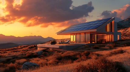Modern solar panel home design architecture sustainable energy efficient house sunset mountain view landscape