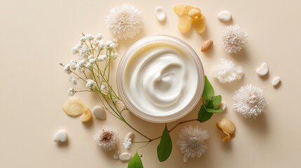 A jar of swirling white cream is artfully arranged with delicate flowers and natural elements, embodying the essence of natural beauty and gentle skincare