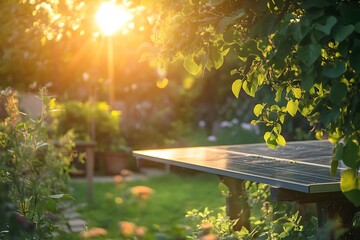 Solar panel installation in garden sunlight renewable energy clean power alternative energy system bright sun