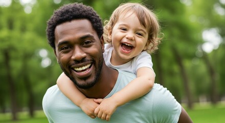 Naklejka premium A loving father gives his daughter a piggyback ride outdoors, both sharing genuine smiles and creating a heartwarming moment.