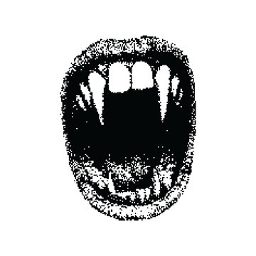 Vampire Mouth Pixel art PNG. The pixels are scattered, dissolve. Vector monochrome style. Abstract random squares, background. Template. Monochrome style. PNG. Dark concept