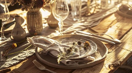 Bohemian Table Setting with Artisanal Ceramics and Vintage Silverware, Close-Up of Rustic Dining Decor with Dried Florals and Textured Linens, Ideal for Restaurant Menu or Wedding Invitation Design