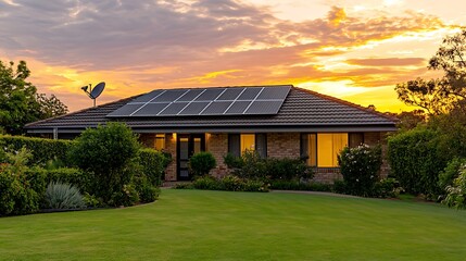 Solar panel installation on residential home at sunset for renewable energy and sustainability project