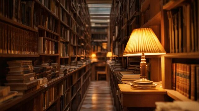Literary Haven: A captivating view of an ancient library, where towering bookshelves stretch into the distance, illuminated by the warm glow of a desk lamp.