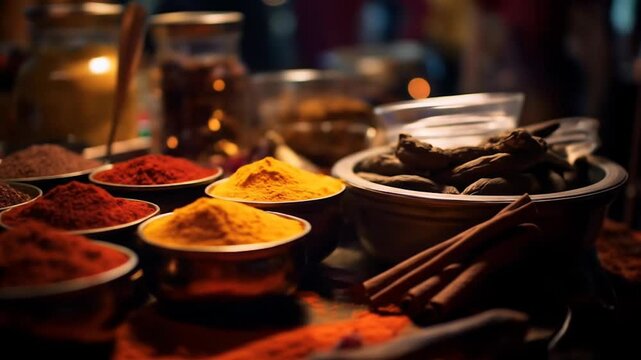 A colorful display of various spices in an oriental bazaar. The photo shows different types of spices, such as turmeric, paprika, cumin, and cinnamon, arranged in piles or jars.