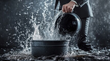 Obraz premium Businessman pouring water into a overflowing bucket