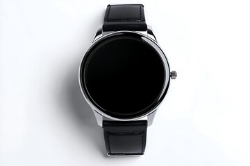 Black screen smartwatch with leather strap timekeeping device wrist wear technology display accessory