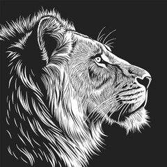 Obraz premium High-Contrast White Lion Head Profile Print on Black - Striking Engraved Wildlife Art