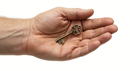 Close-up of a person's hand holding a decorative vintage key, symbolizing access, opportunity, or a secret revealed.