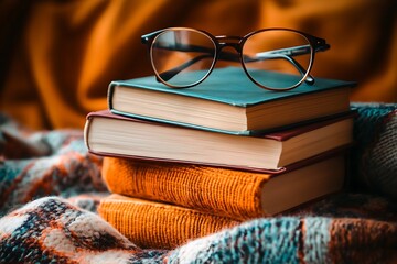 Stack of books with glasses reading literature education knowledge study learning library concept