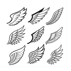 Diverse Angel Wings & Feathered Wing Line Art Vector Set - Various Styles and Silhouettes