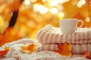 Autumn coffee cup on cozy sweater with fall leaves and blurred background for seasonal relaxation