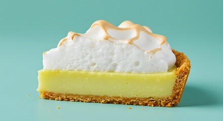 Slice of Key Lime Pie with Meringue on Teal Background, Photograph