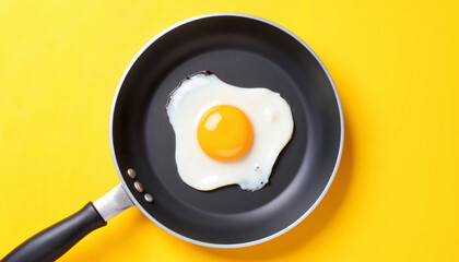 Fried egg in pan on yellow surface with copy space. Sunny side up egg in nonstick skillet on vibrant yellow background provides ample space for text or branding.
