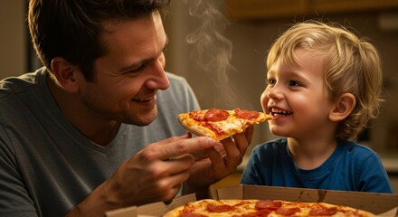A tender moment as a smiling father offers a hot slice of pepperoni pizza to his delighted young son in a warm, family setting.