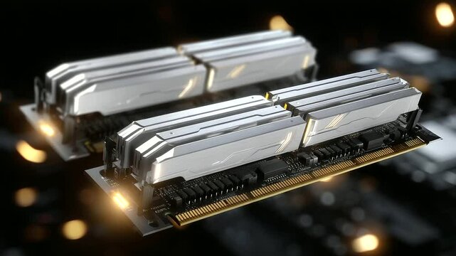 Side-lit profile of RAM modules with metallic heatsinks, emphasizing minimalist design and technological sophistication