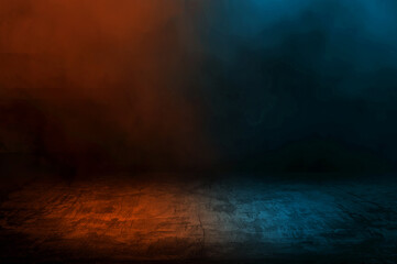Obraz premium concrete floor, dark background with red and blue smoke float above. abstract gradient image featuring a textured concrete floor filled with fog or mist. dark room with gradient red and blue light.