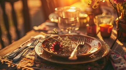 Bohemian Table Setting with Artisanal Ceramics and Vintage Silverware, Close-Up of Rustic Dining Decor with Dried Florals and Textured Linens, Ideal for Restaurant Menu or Wedding Invitation Design