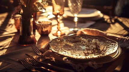 Bohemian Table Setting with Artisanal Ceramics and Vintage Silverware, Close-Up of Rustic Dining Decor with Dried Florals and Textured Linens, Ideal for Restaurant Menu or Wedding Invitation Design