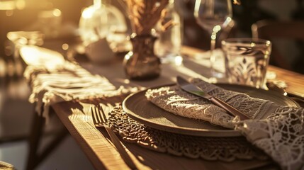Bohemian Table Setting with Artisanal Ceramics and Vintage Silverware, Close-Up of Rustic Dining Decor with Dried Florals and Textured Linens, Ideal for Restaurant Menu or Wedding Invitation Design