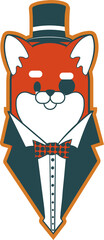 Flat design anthropomorphic fox is wearing dark suit with top hat, red bow tie, transparent canvas