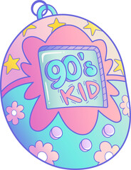1990s virtual pet is floating in flat design with pastel shell, star motifs, transparent background