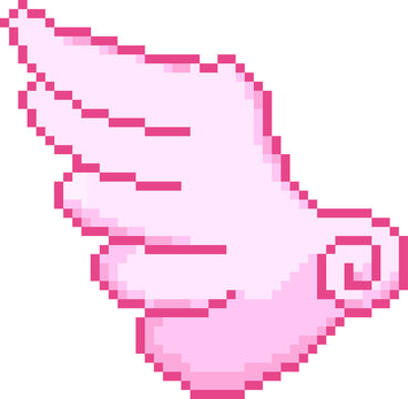 Pixel art pink wing is floating on transparent background, showing layered feathers and curled base