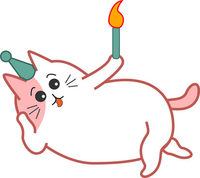 Fototapeta Flat design cartoon cat is lying with green party hat, holding lit candle, transparent background
