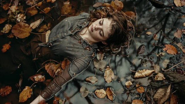 Chilling true crime scene portrait of a young woman in murky waters. Victim covered in evidence. Autumn leaves conceal dark secrets. Forensic grim discovery of a girl in a harrowing tale pond or swamp