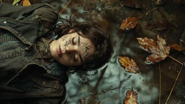 Young woman lying in muddy puddle with dirty face and closed eyes. Unsettling outdoor scene. Mysterious crime or accident with a dead girl in a dramatic situation after a murder. True crime story