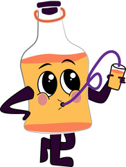 Cartoon bottle is standing on transparent canvas with orange liquid, purple straw and small cup